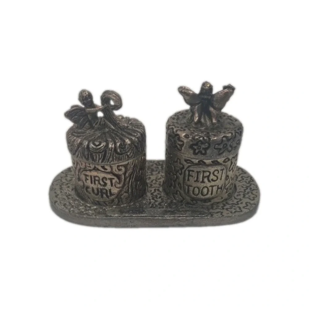 First Tooth & First Curl VINTAGE BabyKeepsake Boxes Set Pewter Fairy Theme